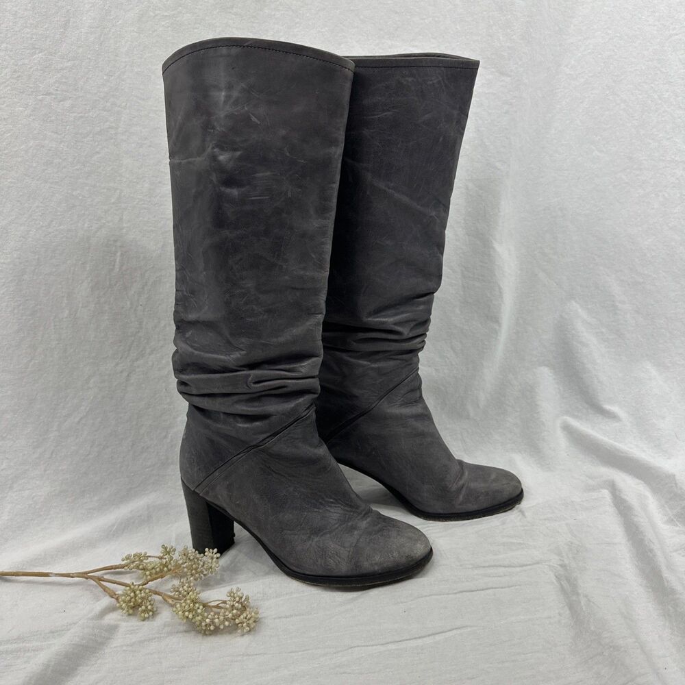 Free People Tennison Tall Grey Leather Boots Womens Sz 38 Slouch Boho Festival